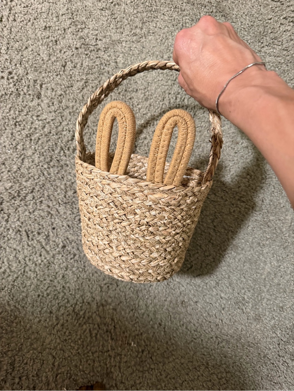 Easter Woven Straw Bucket Bag with bunny ears in Natural Tan